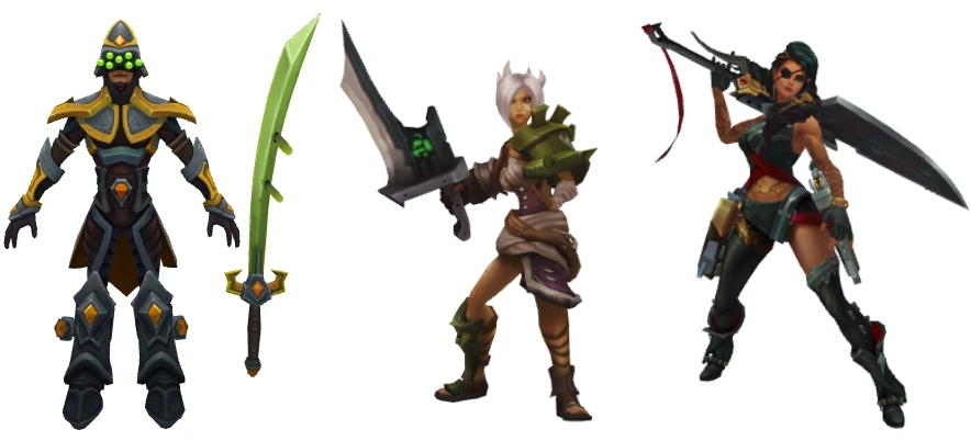 Master Yi, Riven, and Samira with their swords in LoL