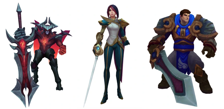 Aatrox, Fiora, and Garen with their swords in LoL